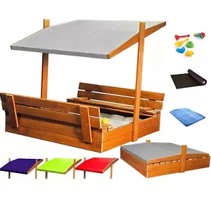 Sandkasten aus Holz mit Sitzbank Dach Abdeckung Imprägniert Sandbox Grau 120 cm - Bild 1 von 7