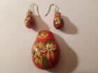 Russian Lacquer Nesting Doll Style Pin Brooch and Earrings Matryoshka Red Floral
