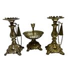 Vintage Baroque Hollywood Regency Gold Set/3 Candle Floral Holders Ornate Table
