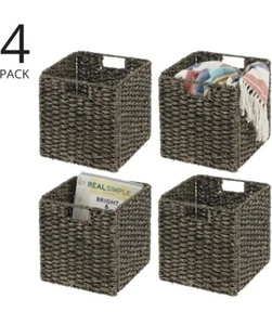 mDesign Seagrass Woven Cube Basket Storage Organizer W/Handles 4 Pack Black Wash - Picture 1 of 8