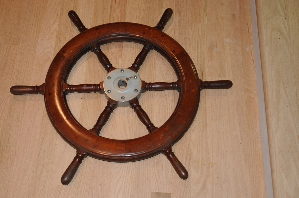 Vintage Wood Boat Ships Wheel Captions Helm Nautical Marina 27" Maritime Six Han - Image 1 of 4