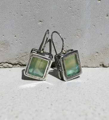 Brincos pendentes retangulares de prata esterlina verde ametista prasiolita – facetados... - Imagem 1 de 4
