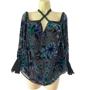 Mattie M Black Floral Velvety Off Shoulder Blouse Size XS - Picture 1 of 8