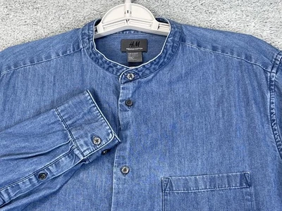 H&M Shirt Mens Medium Blue Premium Cotton Band Collar Grandad Denim LS - Image 1 of 4