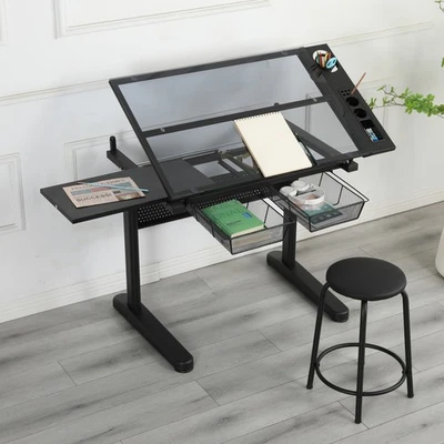 Drafting Table Adjustable Tilt Tabletop Art Craft Drawing Desk With 2 Drawers - Image 1 of 4