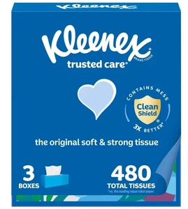 Kleenex Trusted Care Facial Tissues, 3 Flat Boxes, 160 Tissues per Box 480 Total - Picture 1 of 7