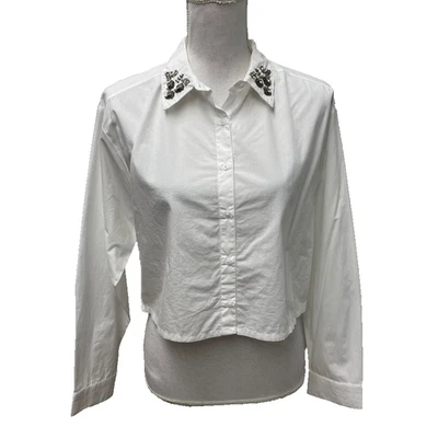 Zara Button Up Top Girls 13-14 White Embellished Collar Classic Cropped School  - Image 1 of 4