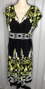 Sandra Darren Dress Sz 16 Short Sleeve V Neck and Back Waist Detail Black Green - Picture 1 of 10