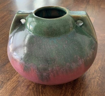 Antique Fulper Pottery Flambe Glazed Two Handled 8"x6" Vase Green And Rose Tone - Image 1 of 4