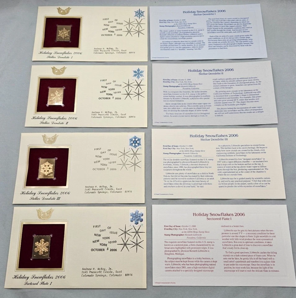 Réplica de estampillas de oro de 22kt 4 copos de nieve de vacaciones de primer día 2006 nieve de invierno Foto 1 de 4