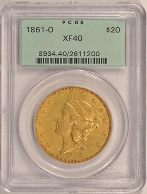 1861-O $20 Liberty Gold Double Eagle Coin PCGS XF40 New Orleans Old Green Holder - Image 1 of 4