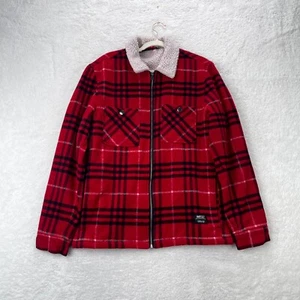 WESC Jacket Mens Large Red Flannel Buffalo Plaid Sherpa Lined Coat Full Zip - Picture 1 of 11