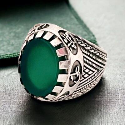 Men shia islamic ring natural Flat Green Agate 925 silver ehlibeyt Jafari 5tan - Image 1 of 4