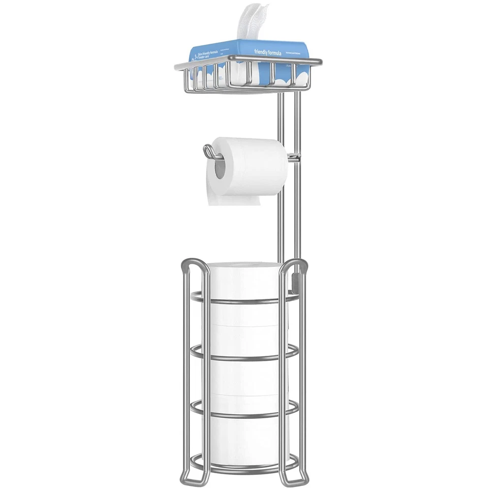 TomCare Toilet Paper Holder Stand With 4 Raised Feet Silver