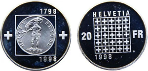 Switzerland 1998 20 Francs Silver 83.5% PF - Picture 1 of 1