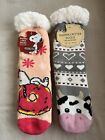 Grip Socks/ Slippers Sherpa Lined Peanuts Snoopy & Cow OS NWT Lot of 2 Pair
