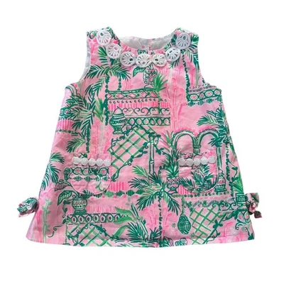 Lilly Pulitzer Baby Shift Dress 6-12 Months Pink Green Palm Tree Lace Trim Bows - Image 1 of 4