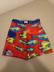 OP Boys Surf Board Swim Trucks Red With Fish XS 4-5 Board Shorts - Picture 1 of 6