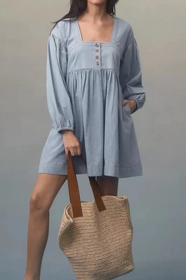 Mini Vestido Babydoll Denim Cuello Cuadrado ANTHROPOLOGIE Para Mujer Talla L Azul Foto 1 de 4