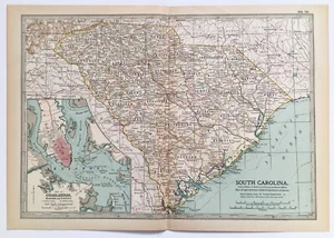 South Carolina - Original Antique Encyclopaedia Britannica Folding Map c 1900 - Picture 1 of 1
