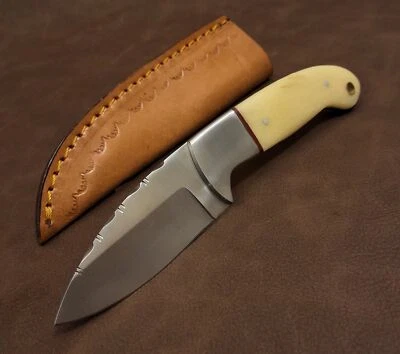 7" Real Bone Handle Fileworked Skinner Knife w/Leather Sheath - Image 1 of 4
