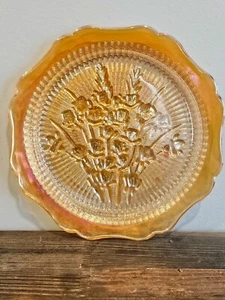 Vintage Jeannette Iris & Herringbone Gold Iridescent Cake Plate Carnival Glass - Picture 1 of 5