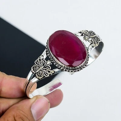 Ruby Lab-Created Gemstone Bangle 925 Sterling Silver Handmade Cuff Gift For Him - Image 1 of 4