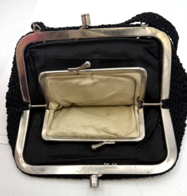 Antique/ Vintage Black Crocheted Evening Purse w/ Swivel Coin Purse - Very Nice! - Image 1 of 4