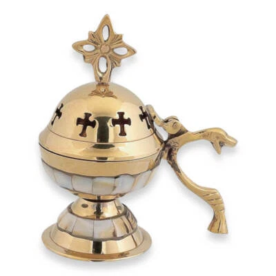 Censario de latón de forma redonda con incrustación de nácar - Quemador de incienso ortodoxo Foto 1 de 4