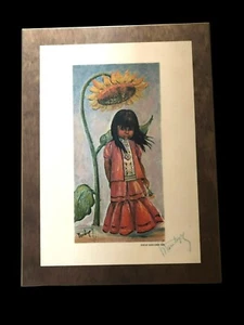 Apache Sunflower Girl Print 𝗠𝗼𝗻𝘁𝗲𝗮𝗴𝘂𝗲 Signed By Artist Mounted 14x10 - Picture 1 of 6