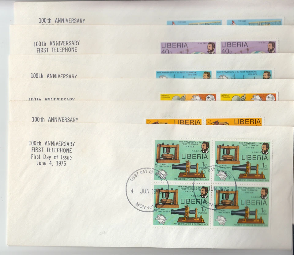 Liberia # 742-47 Blocks of Four FDC's UPU Telephone  AG Bell - Image 1 of 1