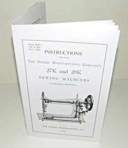 Singer Sewing Machine 27k 28k Instruction Manual Reproduction - Picture 1 of 11