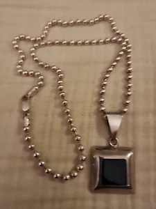 MEXICO 925 Sterling Silver Vintage Black Onyx Square Dome Pendant With Chain - Picture 1 of 5