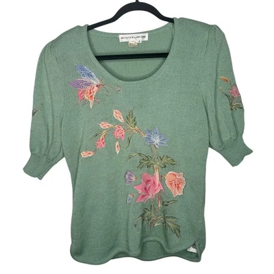 Vintage Umi Collections by Anne Crimmins Green Short Sleeve Floral Sweater, MED - Image 1 of 4