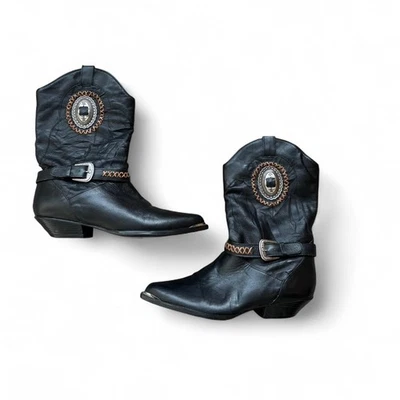 Botas vaqueras negras vintage años 80 8,5 cuero genuino vaquera hebilla de tracción Foto 1 de 4