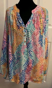 Lilly Pulitzer Elsa Bluse Electric Feel Mehrfarbig 100% Seide Damen Large  - Bild 1 von 5