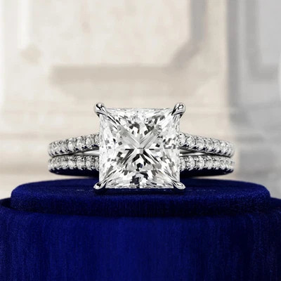 3 Carat Princess Cut Lab Grown Diamond Split Shank Hidden Halo Engagement Ring - Image 1 of 4