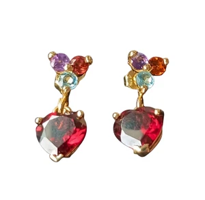 New 14k Solid Gold Earrings Red Natural Garnet Heart Dangle Natural Gem Accents - Picture 1 of 8