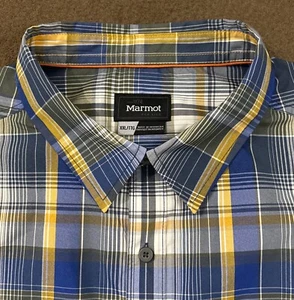 MARMOT Mens Blue Yellow Plaid Short Sleeve Button Down Echo Hiking Shirt 2XL - Picture 1 of 6