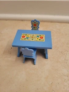 Vintage Puppenhaus Möbel Esszimmer Tisch Stühle Blau West Germany - Bild 1 von 4