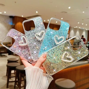 For iPhone 16 Pro Max 15 14 13 11 7 Slim Luxury Glitter Heart Pattern Phone Case - Picture 1 of 15