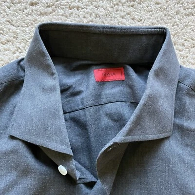 Camisa de vestir Isaia abotonada para hombre 17,5/44 gris algodón hecha en Italia ver descripción Foto 1 de 4