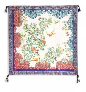 Johnny Was Lace Scarf Silk Square Large Green Flowers Blue Tassels Scarves New - Picture 1 of 6