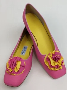 VINTAG 60s 70s Oomphies Pink Yellow Mod Psychedelic Silk Slip On Pom Sz 10 M USA - Picture 1 of 9