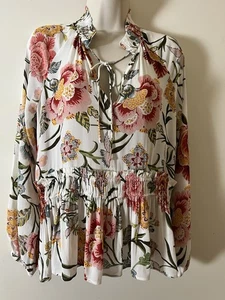 LOFT Blouse XS Peplum Waist Tie Neckline Micro Pleat details Long Puff Sleeve - Bild 1 von 11