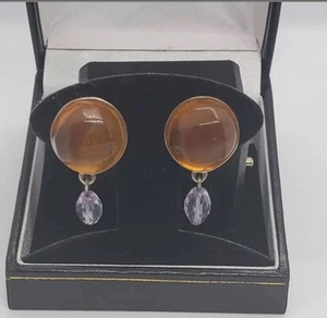 RARE Vintage SIGNED Givenchy Amber Resin Purple Glass Clip On Earrings -L ^ - Picture 1 of 19