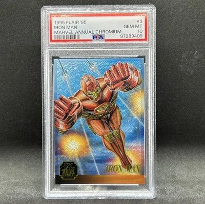 1995 Fleer Flair Marvel 年度 #3 钢铁侠铬插入件 - PSA 10 GEM MT — 第 1/4 张图片