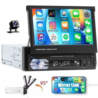 Single 1 Din 7" Flip Out Car Stereo FM BT Radio with Apple Carplay&Backup Camera - Image 1 of 4
