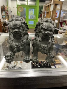 Juego de dos estatuas de metal Foo Dog Temple Guardian - madre y cachorro, padre - Imagen 1 de 11