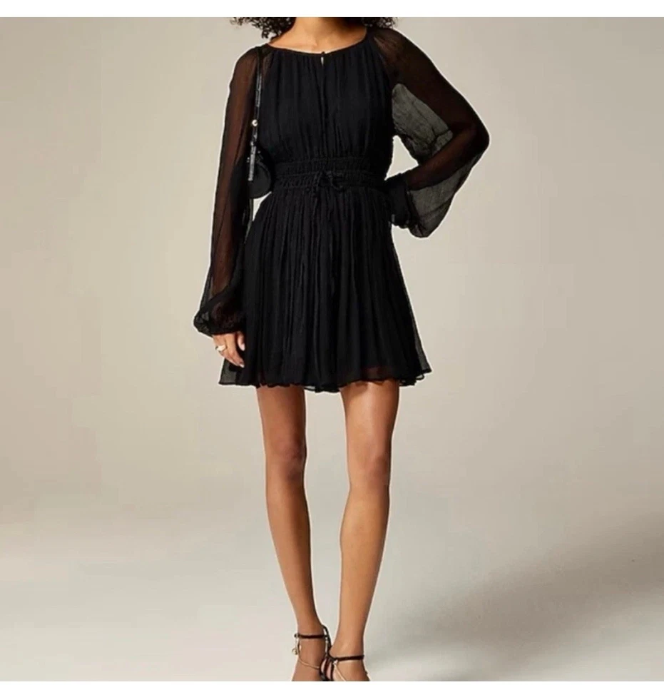 J.Crew Elena long-sleeve mini dress in crinkle chiffon Black Size XS CF792